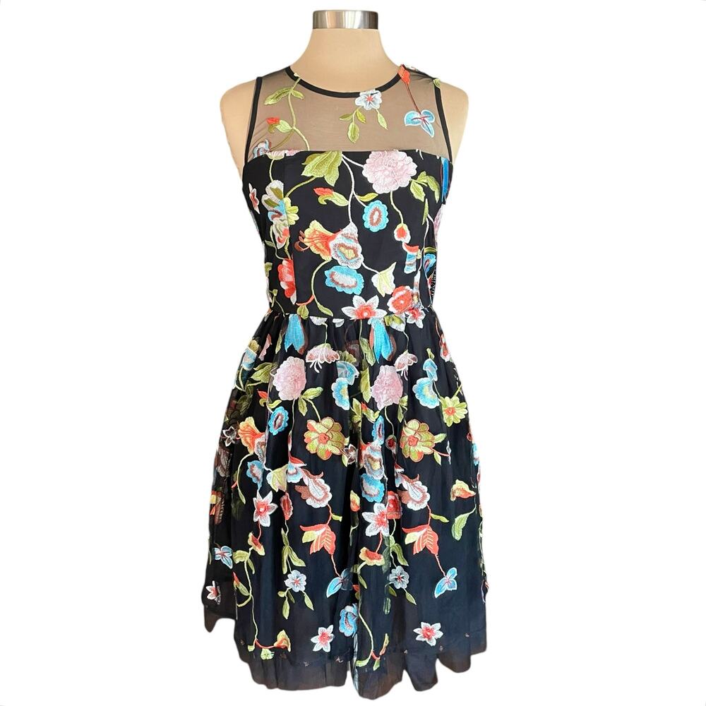 New York & Co Black Mesh‎ Allover Floral Embroidered Dress Sz 6 Fairy Prom Party
